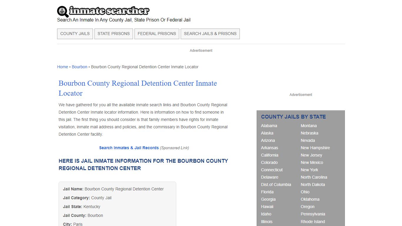 Bourbon County Regional Detention Center Inmate Locator - Inmate Searcher